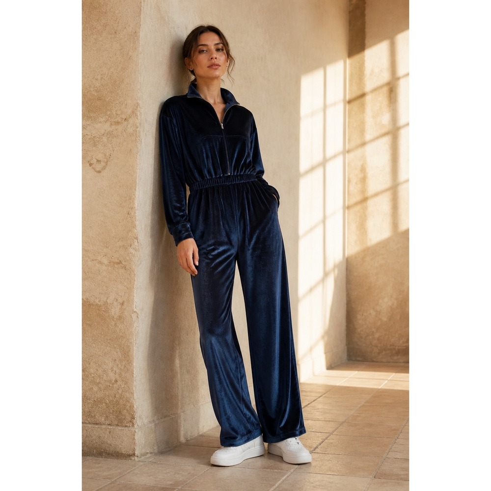 Fabletics Thunder Blue Velour Wide Leg Onesie Jumpsuit Women's L Loungewear